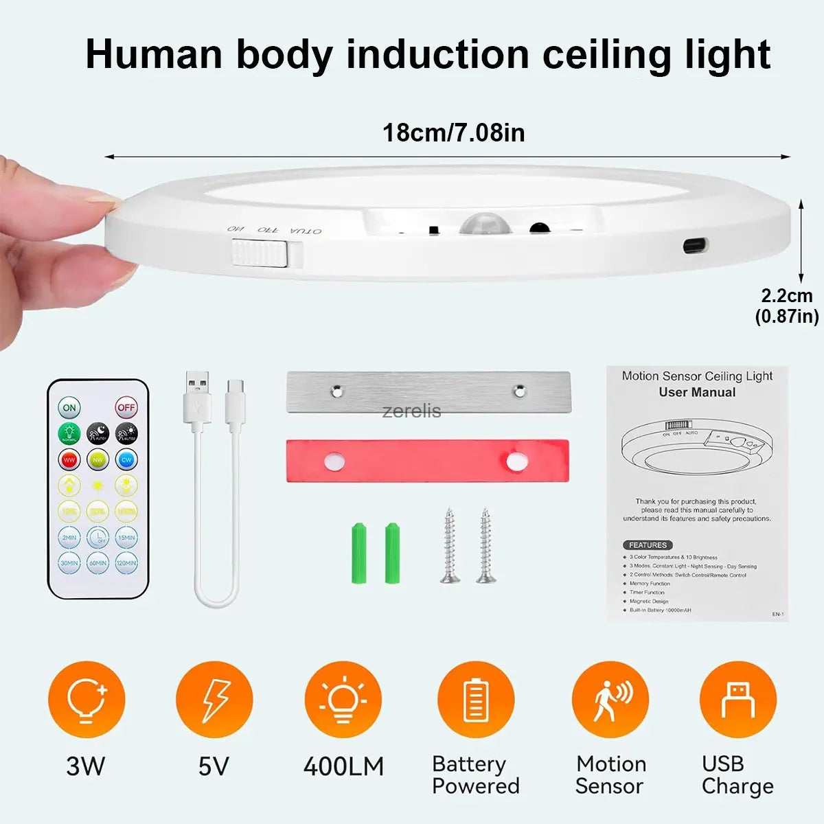 Rechargeable Motion Sensor Ceiling Light With Remote Wireless