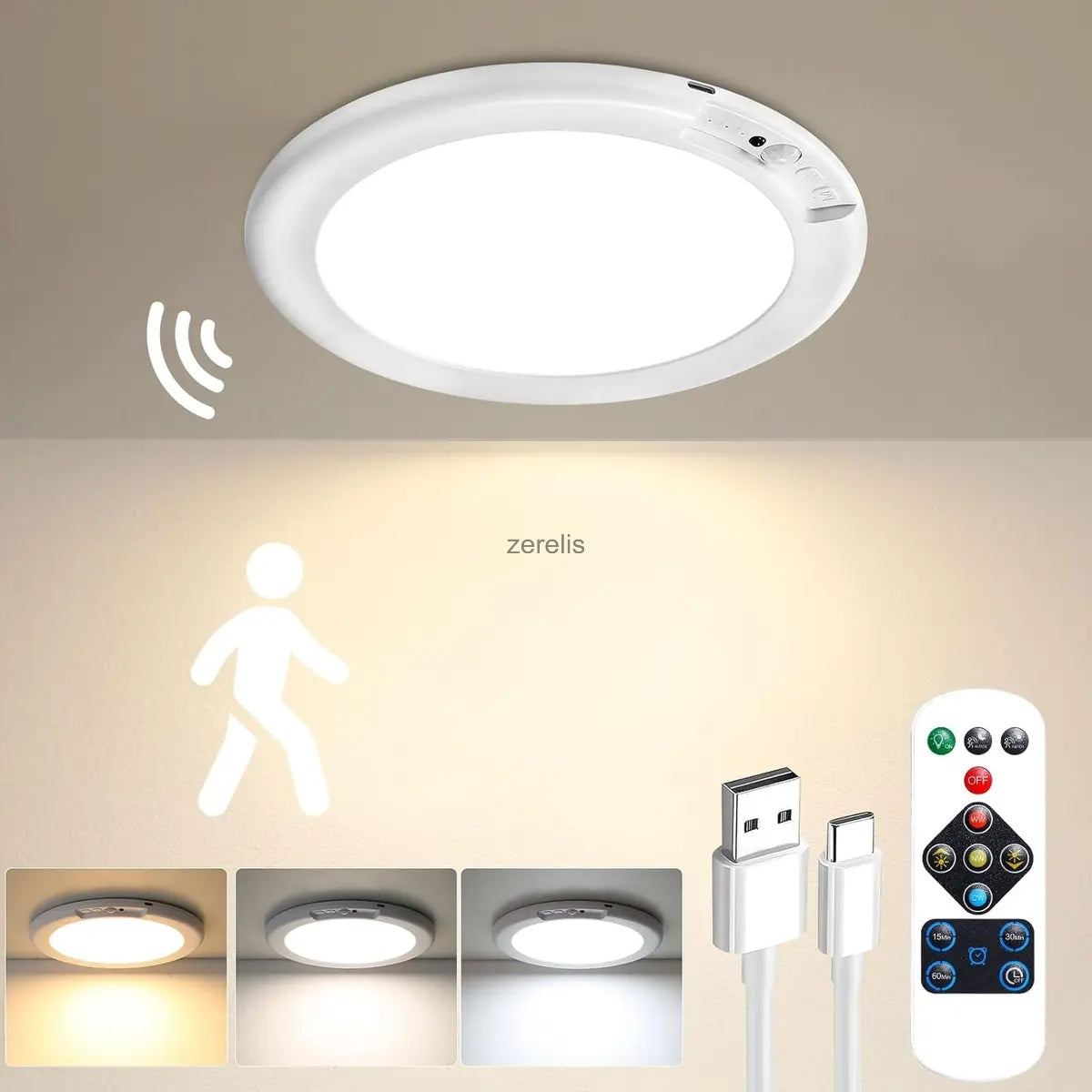Rechargeable Motion Sensor Ceiling Light With Remote Wireless